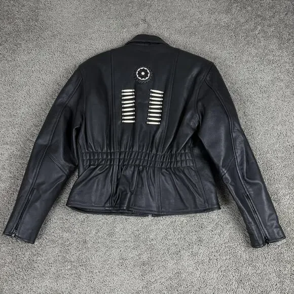 Jim Leather Jacket Womens Large Black Western Bone Bead Biker Motorcycle Zip - Picture 5 of 11